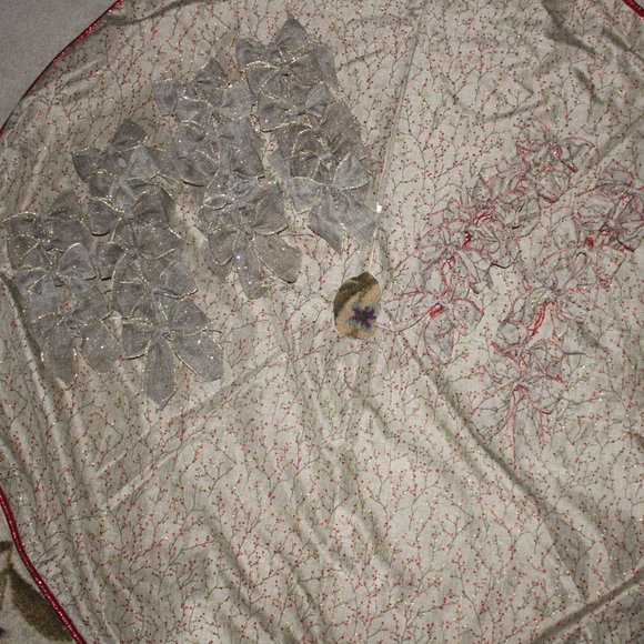 Tan With Red Holly Berry Branches 52 in Tree Skirt With Matching Bows - Picture 7 of 10